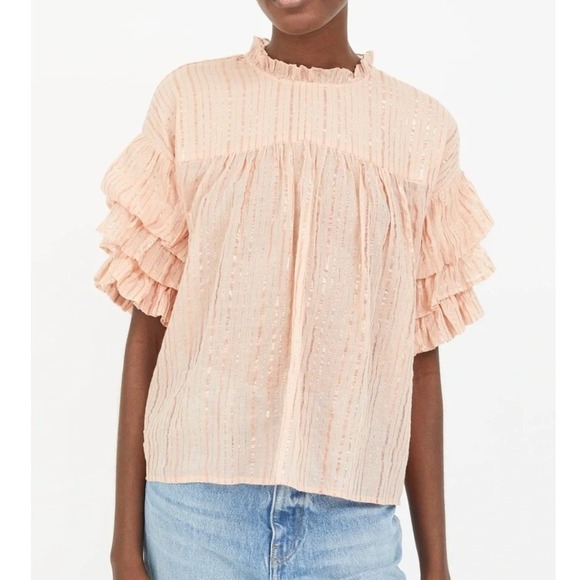 Ulla Johnson Tops - Ulla Johnson Deniz Pink Metallic Stripe Ruffle Sleeve Cotton Blouse Top US 4 / S